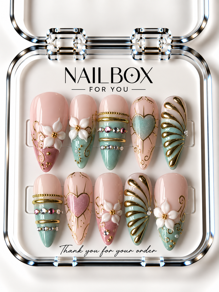 Sweet Escape blush pink and mint press-on nails with raised white flowers, hearts, gold-tone scrollwork, metallic bands, and shell-inspired ridges in a clear nail box.