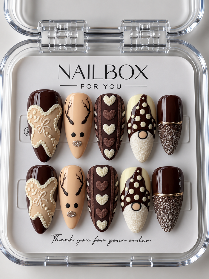 Gingerbread Wishes brown, caramel, and cream press-on nails with icing-style stars, reindeer faces, gnomes, textured hearts, and glitter tips in a clear nail box.