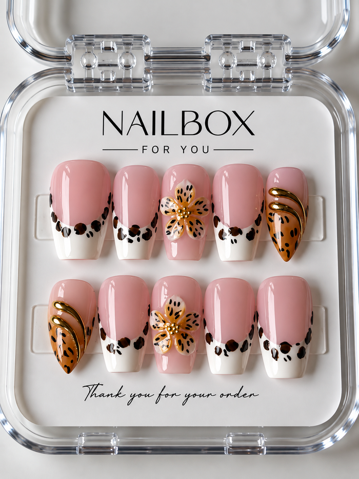 Olive Bloom blush pink press-on nails with white French tips, leopard-print borders, raised amber flowers and gold curves.