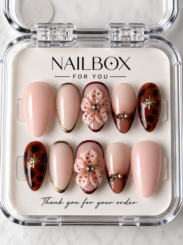 Blush Safari pink press-on nails with raised flowers, amber tortoiseshell patterns, burgundy accents and gold borders.