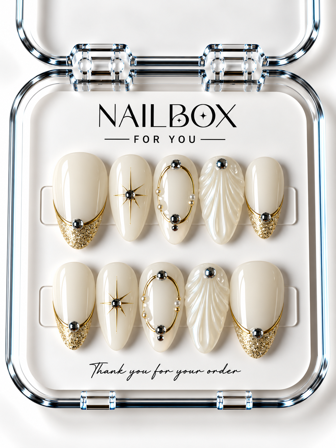 Celeste ivory press-on nails with gold glitter French tips, oval frames, starbursts, pearl-like beads, and raised shell-inspired ridges in a clear nail box.