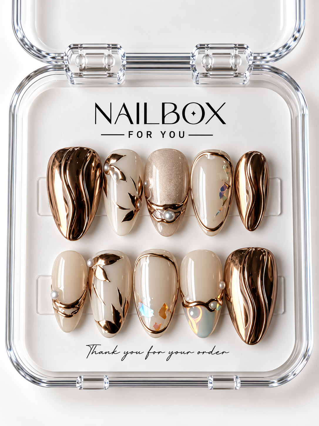 Golden Empress ivory and champagne press-on nails with sculpted gold-tone waves, leaf motifs, curved borders, pearl-like accents, and iridescent flakes in a clear nail box.