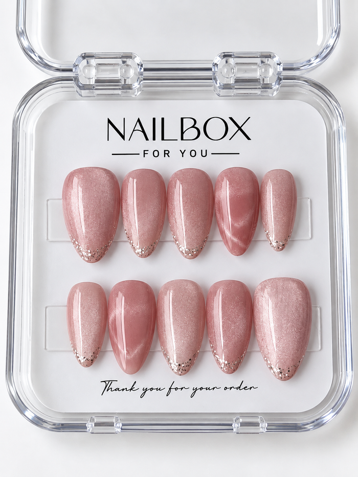 Rosé Shimmer rose pink press-on nails with fine shimmer, delicate glitter tips, and pink marble accent nails with pale flowing veins, displayed in a clear nail box.