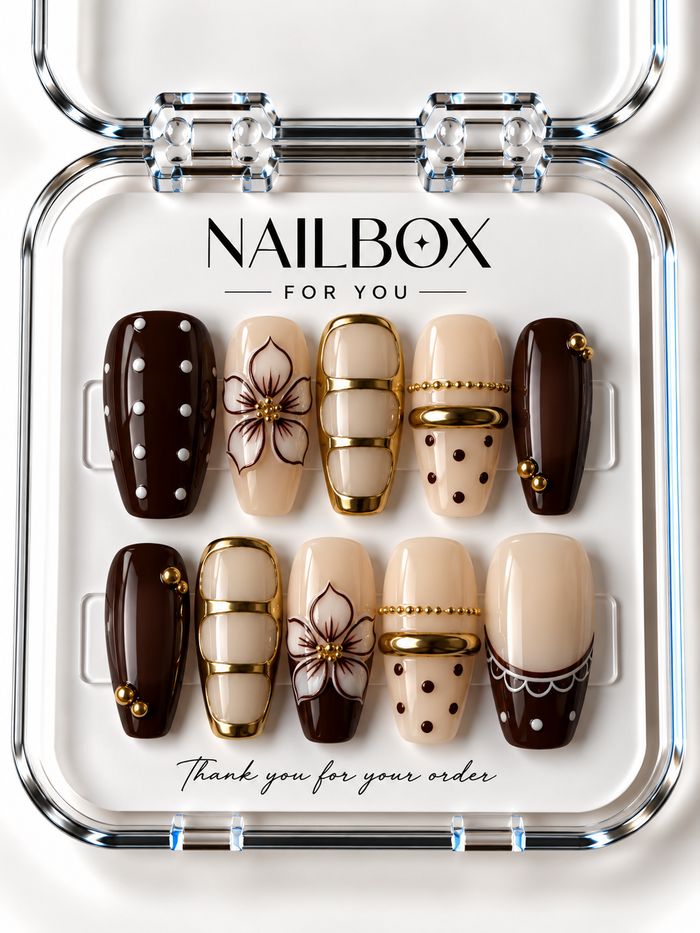 Midnight Affair chocolate brown and nude press-on nails with outlined flowers, gold-tone bands, pearl-like dots, and scalloped French tips in a clear nail box.