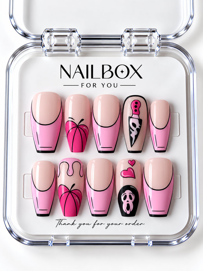Pink Panic nude and bright pink press-on nails with black-outlined French tips, pink pumpkins, dripping details, knife artwork, and a spooky mask in a clear nail box.