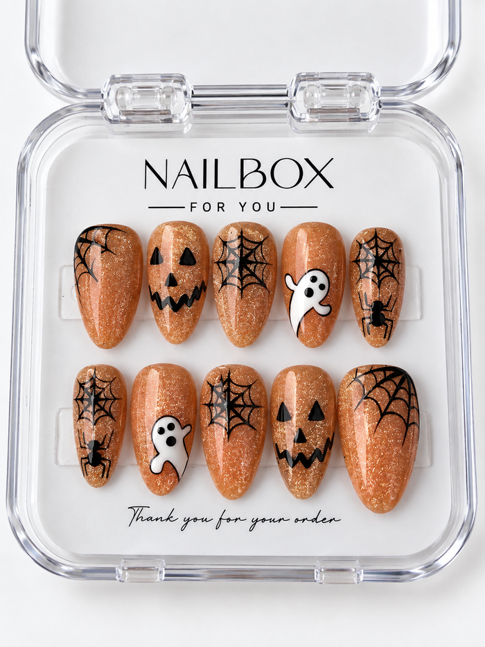 Boo Crew orange glitter press-on nails with white ghosts, black spiderwebs, dangling spiders, and jack-o’-lantern faces, displayed in a clear nail box.